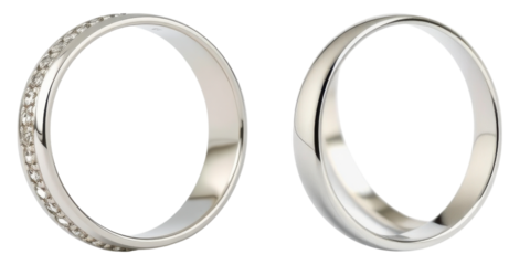 Elegant silver wedding bands with diamond accents representing love and commitment on transparent background.