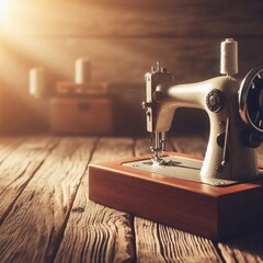 Vintage Sewing Machine on Rustic Wooden Table with Sunlight Background