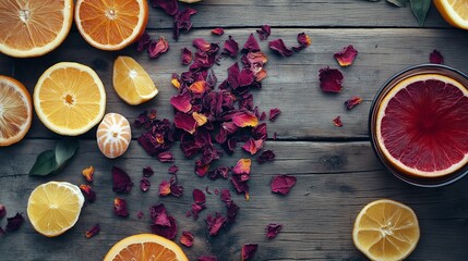 vibrant herbal tea composition with dried hibiscus, rose petals, and citrus slices scattered around a rustic wooden table