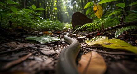 Obraz premium Serpent slithering through lush rainforest foliage, sunlight filtering through dense canopy above