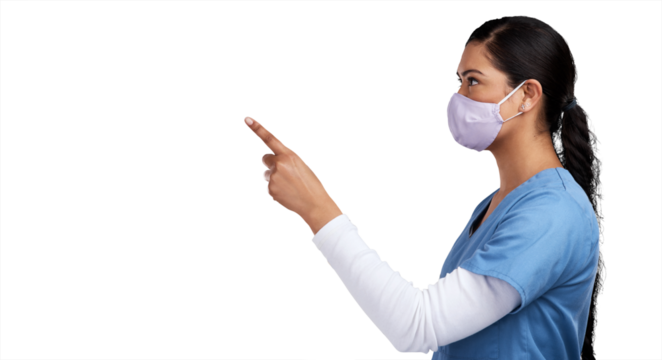 Face mask, woman doctor or nurse pointing, isolated on transparent png background for health care promo. Advice, female medical expert or nursing professional showing healthcare tips or announcement. - Powered by Adobe