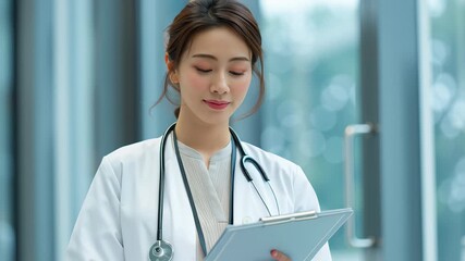 A female doctor with stethoscope and clipboard standing hospital corridor, professional healthcare worker, confident and focused female hospital - Powered by Adobe