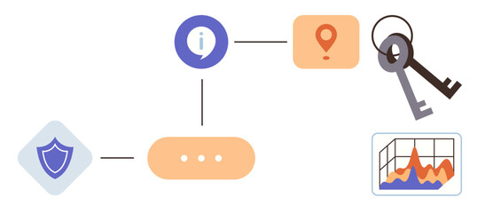 Shield icon, info bubble, location pin, keys, and data chart connected in a flow diagram. Ideal for cybersecurity, protection, access management, information flow data security analytics © robu_s