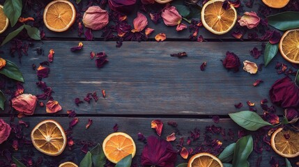 vibrant herbal tea composition with dried hibiscus, rose petals, and citrus slices scattered around a rustic wooden table