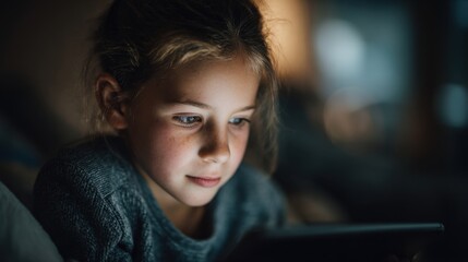 Young Caucasian girl with light brown hair, focused on a tablet screen in a dimly lit room. She wears a cozy sweater and has a thoughtful expression.