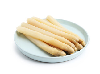 Spears of pickled asparagus isolated on white
