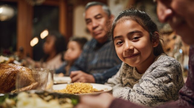 A family gathering at a dinner table. A young Hispanic girl smiles while sitting next to an older Hispanic man. Food is served on the table, creating a warm atmosphere.