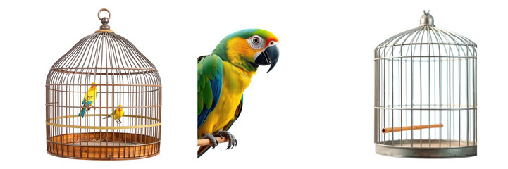 Fototapeta premium Three diverse bird cage examples with an exotic parrot showcasing birds and cages on transparent background