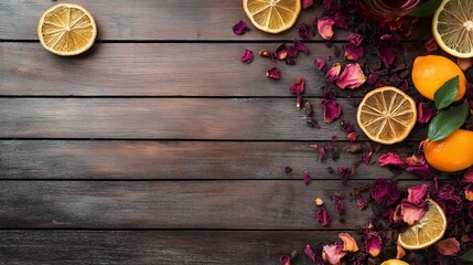 vibrant herbal tea composition with dried hibiscus, rose petals, and citrus slices scattered around a rustic wooden table
