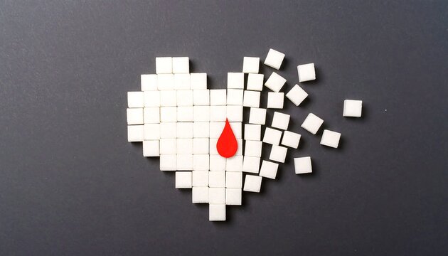 Crumbling Heart: Sugar Cubes and Blood Drop, Symbolic Image of Health Risks - Powered by Adobe