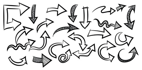 Dynamic hand drawn arrow collection pointing directions for creative design projects