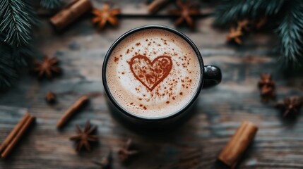 vibrant chai latte setup with a latte art heart, surrounded by scattered spices like star anise, cardamom, and cinnamon on a rustic table