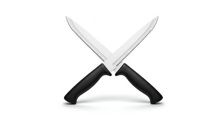 Two crossed chef knives with sharp steel blades and black handles isolated on a white background, representing a culinary duel