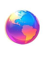 A vibrant, glossy orb depicting Earth's continents in a stylized, colorful gradient of blues, pinks, and oranges, suggesting a digital or technological representation of the globe