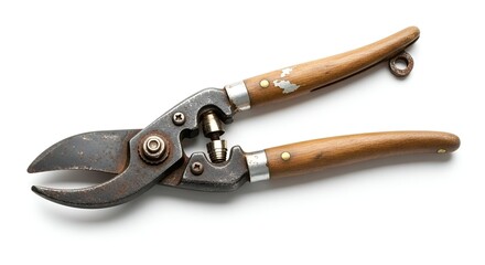 Obraz premium Sharp and sturdy vintage pruning shears, a classic horticulture hand tool with aged wooden handles, isolated on a white background for gardening projects