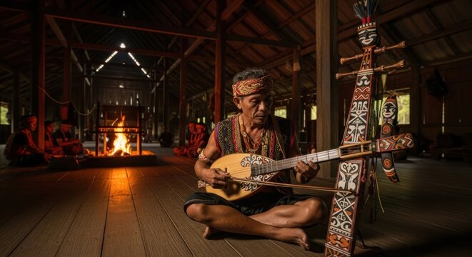 Indigenous Musician Playing Traditional Sape Instrument in Longhouse.