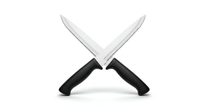 Two crossed chef knives with sharp steel blades and black handles isolated on a white background, representing a culinary duel - Powered by Adobe