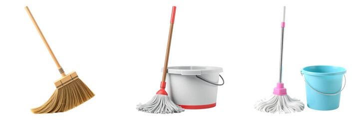 Cleaning essentials including a broom, mop and bucket trio presented vibrantly on transparent background
