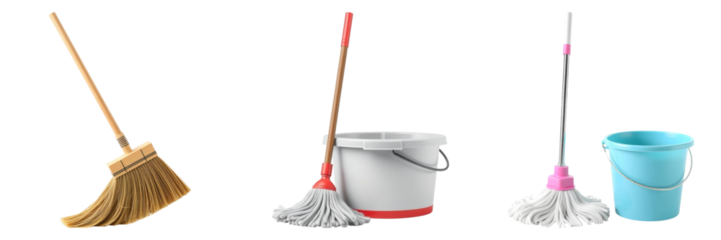 Cleaning essentials including a broom, mop and bucket trio presented vibrantly on transparent background
