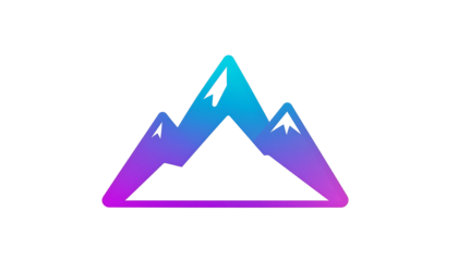 Stylized gradient mountain range icon; blue-purple hues, jagged peaks, outlined triangle base, digital art style