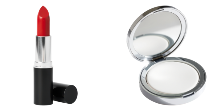 Glamorous red lipstick and compact powder with mirror for make up on transparent background