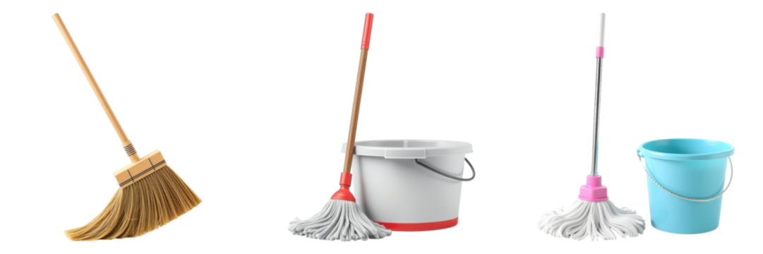 Cleaning essentials including a broom, mop and bucket trio presented vibrantly on transparent background