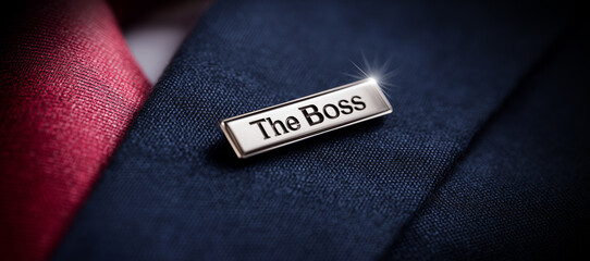 Extreme close-up of a lapel pin on a blue suit of an unrecognizable businessman with the words “The Boss” written on it in silver letters. Generative Ai.
