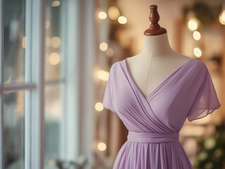 women wrap dress in soft lavender displayed on a mannequin with a blurred boutique interior and soft lighting
