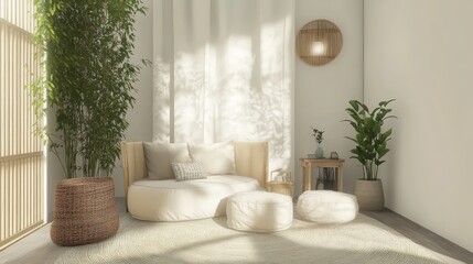 Personal calming corner with minimalist decor, comfortable seating, natural materials, and subtle touches of greenery