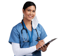 Clipboard, portrait and doctor, nurse or woman isolated on transparent png background for surgery schedule or health service. Documents, checklist and face of medical worker, surgeon or latino person