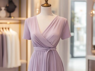 women wrap dress in soft lavender displayed on a mannequin with a blurred boutique interior and soft lighting