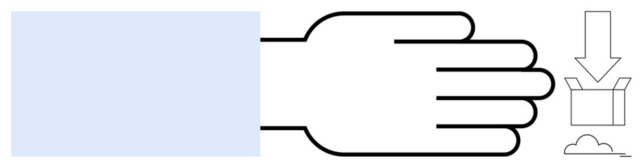 Outlined hand alongside downward arrow pointing at an open box. Ideal for storage, download, delivery, logistics, packing, receiving, interaction. Minimalist flat design metaphor