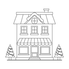 A charming illustration of a Christmas village featuring a church, various shop, house decorated with christmas trees creates a festive and cheerful winter wonderland scene. winter wonderland scenes