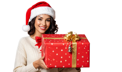 Elegant Woman in Santa Hat Holding Gift Box, Holiday Portrait, Transparent