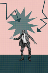 Successful freelancer celebrating financial growth working remotely computer desk laptop in creative collage style concept