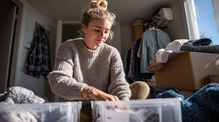 Young Caucasian woman with blonde hair organizes items in clear plastic boxes in a bright room. Clothes and personal items are scattered around.