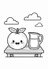 Cute cartoon orange and pitcher of juice on a table.
