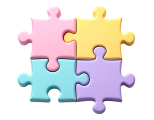 Obraz premium Four pastel-colored puzzle pieces, pink, yellow, light blue, and lavender, interlocked to form a square. Smooth, 3D, rounded edges