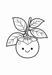 Cute Kawaii Persimmon Fruit with Leaves Coloring Page Illustration.
