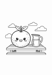 Cute cartoon orange with a pitcher of juice on a picnic table.