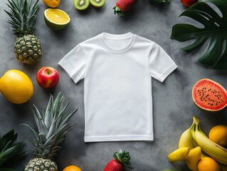white t-short styled flat on a gray concrete surface with exotic fruits nearby.