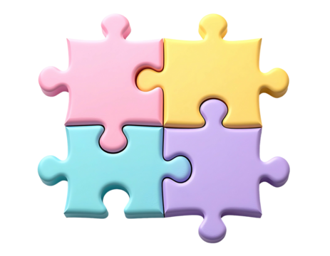 Four pastel-colored puzzle pieces, pink, yellow, light blue, and lavender, interlocked to form a square.  Smooth, 3D, rounded edges