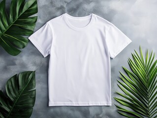 white t-short styled flat on a gray concrete surface with exotic tropical leaves nearby.