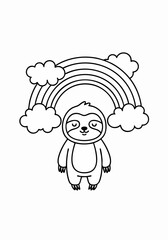 Cute cartoon sloth with rainbow and clouds coloring page.