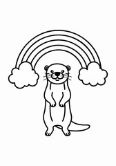 Cute Otter Standing Under a Rainbow with Clouds Line Art.
