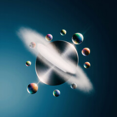 Glowing marbles circle a floating mirror on deep teal with gentle light beams. Sleek, sci‑fi, high‑color motion.