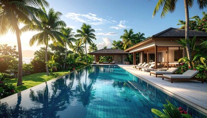 Luxury Tropical Villa with Infinity Pool Palm Trees and Sunny Sky Reflection Serene Water in Tropical Paradise Exotic Holiday Destination