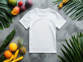 white t-short styled flat on a gray concrete surface with exotic fruits nearby.