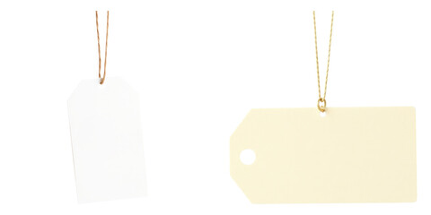Two elegant price tags, one white and one beige, hanging from strings on transparent background
