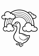 Duck standing in front of a rainbow and clouds, simple illustration.